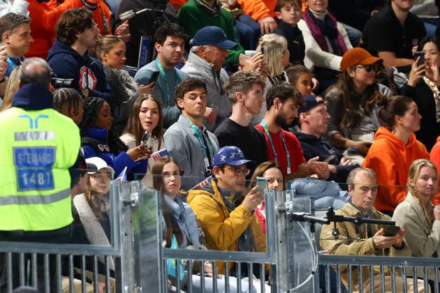 February 14, 2026, Rho, Lombardy, Italy: JONATHAN OWEN, SIMONE BILES, TOM DALEY and his husband DUSTIN LANCE BLACK attend the Men s Speed skating, Eisschnelllauf Men s 500m at the Milano Cortina 2026 Winter Olympic Games, Olympische Spiele, Olympia, OS Rho Italy - ZUMAc179 20260214_oly_c179_027 Copyright: xMickaelxChavetx
