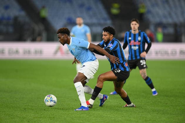 14th February 2026, Stadio Olimpico, Rome, Italy; Italian Serie A Football; Lazio versus Atalanta; Fisayo Dele-Bashiru of SS Lazio under pressure from Ederson of Atalanta BC  AllShotLive Content restricted for UK based newspaper