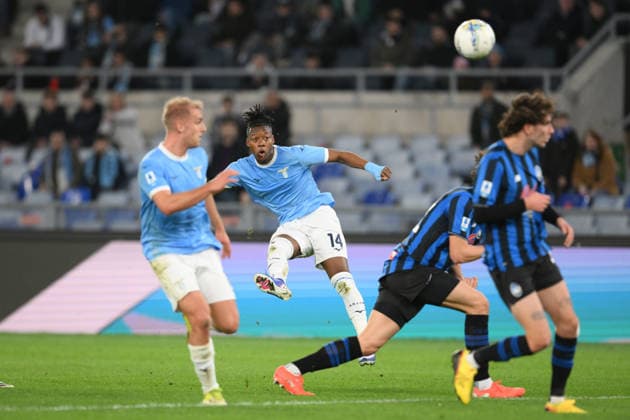 14th February 2026, Stadio Olimpico, Rome, Italy; Italian Serie A Football; Lazio versus Atalanta; Tijjiani Noslin of SS Lazio scoring chance  AllShotLive Content restricted for UK based newspaper