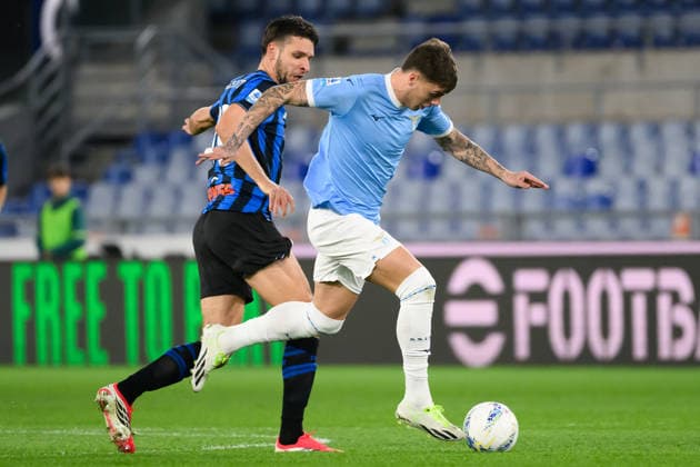 Daniel Maldini of SS Lazio and Berat Djimsiti of Atalanta BC compete for the ball during the Serie A 2025 2026 football match between SS Lazio and Atalanta BC at Stadio Olimpico in Rome (Italy), February 14, 2026. AndreaxStaccioli