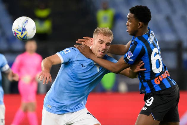 Gustav Isaksen of SS Lazio and Honest Ahanor of Atalanta BC compete for the ball during the Serie A 2025 2026 football match between SS Lazio and Atalanta BC at Stadio Olimpico in Rome (Italy), February 14, 2026. AndreaxStaccioli