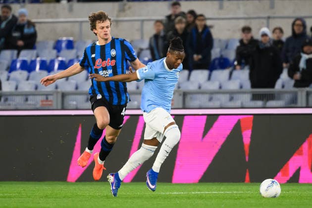 Giorgio Scalvini of Atalanta BC and Tijjani Noslin of SS Lazio compete for the ball during the Serie A 2025 2026 football match between SS Lazio and Atalanta BC at Stadio Olimpico in Rome (Italy), February 14, 2026. AndreaxStaccioli