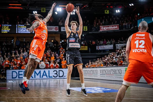 1 Basketball Bundesliga, easyCredit BBL, Season 2025 2026, Men, Main Round, Matchday 20, 14 02 2026, RASTA Vechta ratiopharm Ulm Tobias Jensen 7 ratiopharm ulm at Jumpshot Vechta RASTA Dome Lower Saxony Germany