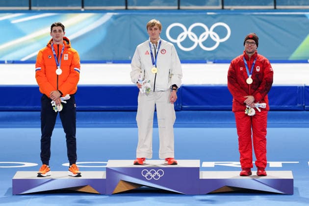 Silver Medal de BOO Jenning, Gold medal STOLZ Jordan and Bronze medal DUBREUIL L DUBREUIL Laurent for the Olympic Speed skating, Eisschnelllauf Men s 500m for the Milano Cortina 2026 Winter Olympics, in Milan (Italy) February 14, 2026 (Photo Claudio Furlan LaPresse)  Copyright: xClaudioxFurlan LaPressex