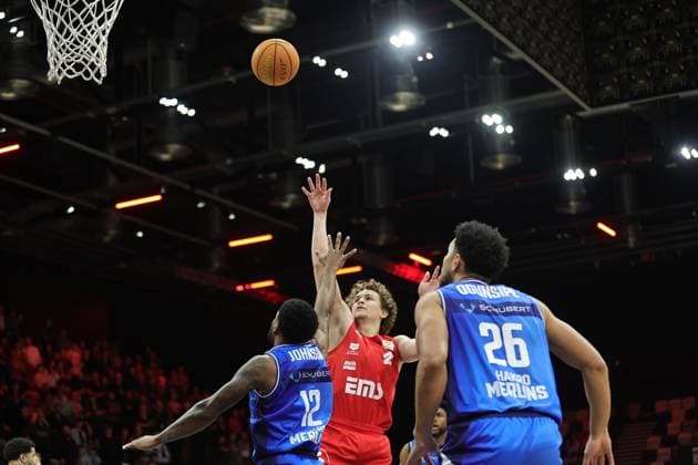 14 02 2026 Basketball Season 2025 2026 2 Bundesliga Pro A 23 Matchday Nuremberg Falcons Basketball Club NBC HAKRO Merlins Crailsheim Sportfoto Zink DaMa xdaxmax Xavier Johnson 12, Hakro Merlins Crailsheim Cartee Dean Whitt 2, Nuremberg Falcons BC NBC