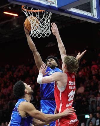 14 02 2026 Basketball Season 2025 2026 2 Bundesliga Pro A 23 Matchday Nuremberg Falcons Basketball Club NBC HAKRO Merlins Crailsheim Sportfoto Zink DaMa xdaxmax Marvin Ogunsipe 26, Hakro Merlins Crailsheim Anthony Gaines 9, Hakro Merlins Crailsheim Trevor James Baskin 22, Nuremberg Falcons BC NBC