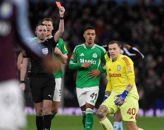 Aston Villa goalkeeper Marco Bizot is sent off in first half Aston Villa v Newcastle United, Emirates FA Cup, Fourth Round, Football, Villa Park, Birmingham, UK - 14 Feb 2026Birmingham Villa Park United Kingdom EDITORIAL USE ONLY No use with unauthorised audio, video, data, fixture lists, club league logos or live services. Online in-match use limited to 120 images, no video emulation. No use in betting, games or single club league player publications. Copyright: xAlanxWalter Shutterstockx 16608496ad