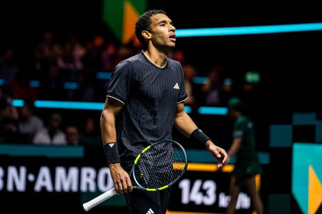 2026-02-14 ABN AMRO Open - Day Six ROTTERDAM, NETHERLANDS - FEBRUARY 14: Felix Auger-Aliassime looks dejected during Day Six of the ABN AMRO Open at Rotterdam Ahoy on February 14, 2026 in Rotterdam, Netherlands. (Photo by Gabriel Calvino Alonso BSR Agency) Rotterdam Netherlands Content not available for redistribution in The Netherlands directly or indirectly through any third parties. Copyright: xBSRxAgencyx