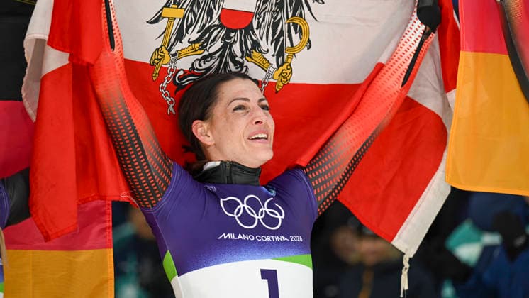 OLYMPICS - Winter Olympic Games, Olympische Spiele, Olympia, OS Milano Cortina 2026 CORTINA D AMPEZZO,ITALY,14.FEB.26 - OLYMPICS, SKELETON - Winter Olympic Games Milano Cortina 2026, women. Image shows the rejoicing of Janine Flock (AUT).  GEPAxpictures xAlexanderxSolc