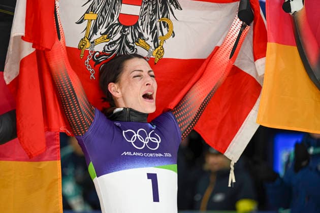 OLYMPICS - Winter Olympic Games, Olympische Spiele, Olympia, OS Milano Cortina 2026 CORTINA D AMPEZZO,ITALY,14.FEB.26 - OLYMPICS, SKELETON - Winter Olympic Games Milano Cortina 2026, women. Image shows the rejoicing of Janine Flock (AUT).  GEPAxpictures xAlexanderxSolc