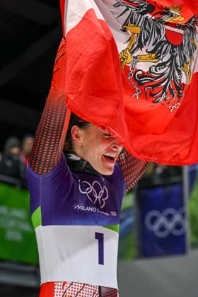 OLYMPICS - Winter Olympic Games, Olympische Spiele, Olympia, OS Milano Cortina 2026 CORTINA D AMPEZZO,ITALY,14.FEB.26 - OLYMPICS, SKELETON - Winter Olympic Games Milano Cortina 2026, women. Image shows the rejoicing of Janine Flock (AUT).  GEPAxpictures xAlexanderxSolc