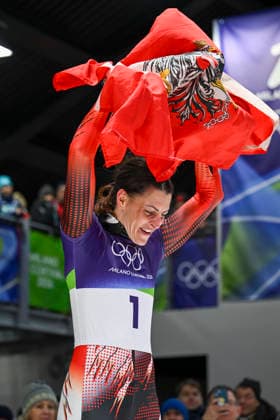 OLYMPICS - Winter Olympic Games, Olympische Spiele, Olympia, OS Milano Cortina 2026 CORTINA D AMPEZZO,ITALY,14.FEB.26 - OLYMPICS, SKELETON - Winter Olympic Games Milano Cortina 2026, women. Image shows the rejoicing of Janine Flock (AUT).  GEPAxpictures xAlexanderxSolc