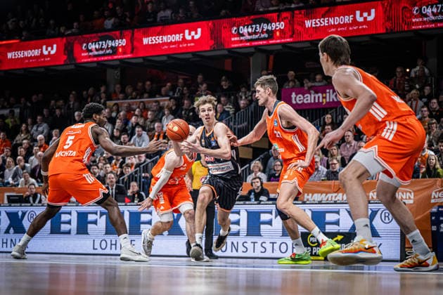 1 Basketball Bundesliga, easyCredit BBL, Season 2025 2026, Men, Main round, Matchday 20, 14 02 2026, RASTA Vechta ratiopharm Ulm Tobias Jensen 7 ratiopharm ulm in action Vechta RASTA Dome Lower Saxony Germany