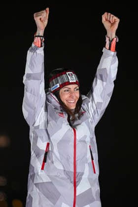 OLYMPICS - Winter Olympic Games, Olympische Spiele, Olympia, OS Milano Cortina 2026 CORTINA D AMPEZZO,ITALY,14.FEB.26 - OLYMPICS, SKELETON - Winter Olympic Games Milano Cortina 2026, women, medal ceremony. Image shows the rejoicing of Janine Flock (AUT).  GEPAxpictures xAlexanderxSolc