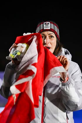 OLYMPICS - Winter Olympic Games, Olympische Spiele, Olympia, OS Milano Cortina 2026 CORTINA D AMPEZZO,ITALY,14.FEB.26 - OLYMPICS, SKELETON - Winter Olympic Games Milano Cortina 2026, women, medal ceremony. Image shows the rejoicing of Janine Flock (AUT).  GEPAxpictures xAlexanderxSolc