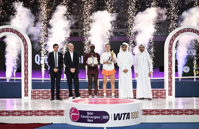 Qatar TotalEnergies Open 2026 Final, victory ceremony, winner Karolina Muchova r, CZE and runner up Victoria Mboko l, CAN Karolina Muchova CZE , Victoria Mboko CAN