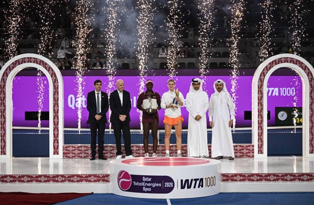 Qatar TotalEnergies Open 2026 Final, victory ceremony, winner Karolina Muchova r, CZE and runner up Victoria Mboko l, CAN Karolina Muchova CZE , Victoria Mboko CAN