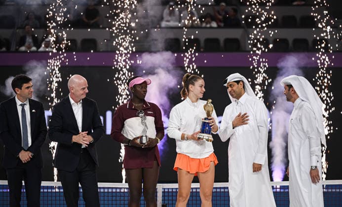Qatar TotalEnergies Open 2026 Final, victory ceremony, winner Karolina Muchova r, CZE and runner up Victoria Mboko l, CAN Karolina Muchova CZE , Victoria Mboko CAN