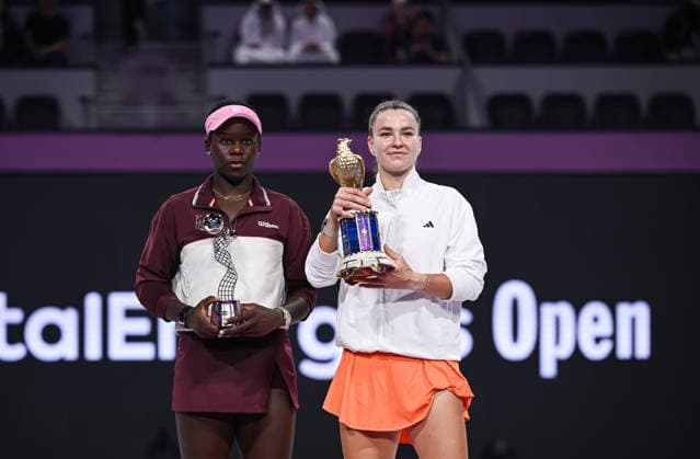 Qatar TotalEnergies Open 2026 Final, victory ceremony, winner Karolina Muchova r, CZE and runner up Victoria Mboko l, CAN Karolina Muchova CZE , Victoria Mboko CAN