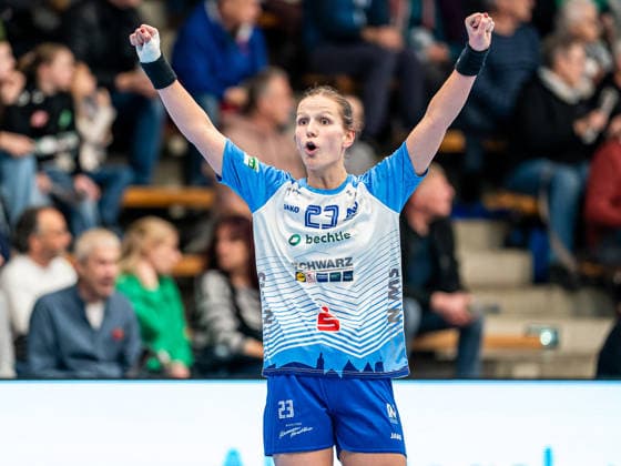 Munia Smits Sport Union Neckarsulm, 23 cheers, Frisch Auf Goeppingen vs Sport Union Neckarsulm, Handball, 1 Bundesliga, Season 2025 2026, 14 02 2026 Frisch Auf Goeppingen vs Sport Union Neckarsulm, Handball, 1 Bundesliga, Season 2025 2026, 14 02 2026 Goeppingen Copyright: xMichaelxSchmidt Eibner-Pressefotx EP_MST