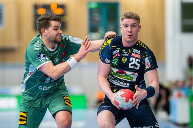 14 02 2026 Handball, 2025 2026, 1 Bundesliga, 21 Matchday, GWD Minden Rhein Neckar Löwen L R Ian Weber Minden , Haukur Thrastarson Löwen