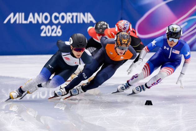 2026-02-14 Short Track Speed skating, Eisschnelllauf - Milano Cortina 2026 Winter Olympics - Day 8 MILAN, ITALY - FEBRUARY 14: Kazuki Yoshinaga of Japan, Jens van t Wout of the Netherlands competing in the Men s 1500m during Day 8 of Short Track Speed Skating - Milano Cortina 2026 Winter Olympics at Milano Ice Skating Arena on February 14, 2026 in Milan, Italy. (Photo by Joris Verwijst BSR Agency) Milan Italy Content not available for redistribution in The Netherlands directly or indirectly through any third parties. Copyright: xBSRxAgencyx