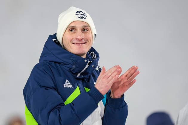 OLYMPICS - Winter Olympic Games, Olympische Spiele, Olympia, OS Milano Cortina 2026 PREDAZZO,ITALY,14.FEB.26 - OLYMPICS, Ski jumping, Skispringen, Ski, nordisch - Winter Olympic Games Milano Cortina 2026, large hill, men, medal ceremony. Image shows Domen Prevc (SLO).  GEPAxpictures xMatthiasxTrinkl