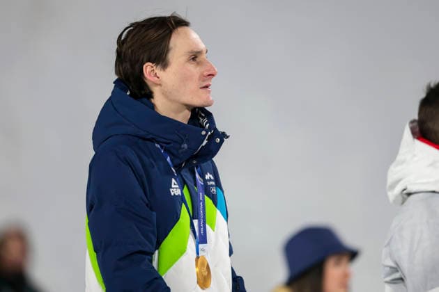 OLYMPICS - Winter Olympic Games, Olympische Spiele, Olympia, OS Milano Cortina 2026 PREDAZZO,ITALY,14.FEB.26 - OLYMPICS, Ski jumping, Skispringen, Ski, nordisch - Winter Olympic Games Milano Cortina 2026, large hill, men, medal ceremony. Image shows Domen Prevc (SLO) .  GEPAxpictures xMatthiasxTrinkl