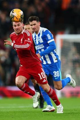 Alexis Mac Allister of Liverpool and Pascal Groß of Brighton & Hove Albion Liverpool v Brighton and Hove Albion, Emirates FA Cup, Fourth Round, Football, Anfield, Liverpool, UK - 14 Feb 2026Liverpool Anfield United Kingdom EDITORIAL USE ONLY No use with unauthorised audio, video, data, fixture lists, club league logos or live services. Online in-match use limited to 120 images, no video emulation. No use in betting, games or single club league player publications.  Copyright: xPaulxCurrie Shutterstockx 16608525m
