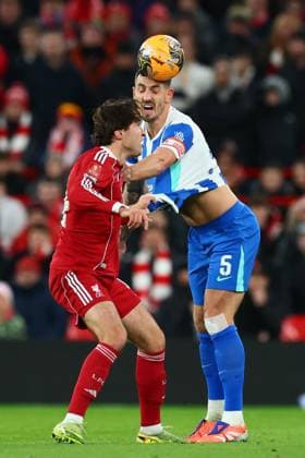 Federico Chiesa of Liverpool ad Lewis Dunk of Brighton & Hove Albion Liverpool v Brighton and Hove Albion, Emirates FA Cup, Fourth Round, Football, Anfield, Liverpool, UK - 14 Feb 2026Liverpool Anfield United Kingdom EDITORIAL USE ONLY No use with unauthorised audio, video, data, fixture lists, club league logos or live services. Online in-match use limited to 120 images, no video emulation. No use in betting, games or single club league player publications.  Copyright: xPaulxCurrie Shutterstockx 16608525n