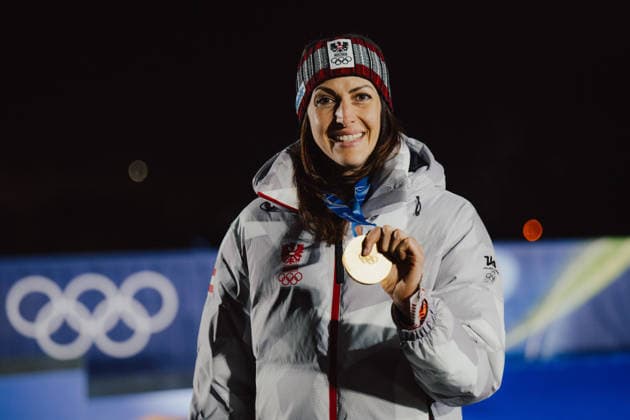 OLYMPICS - Winter Olympic Games, Olympische Spiele, Olympia, OS Milano Cortina 2026 CORTINA D AMPEZZO,ITALY,14.FEB.26 - OLYMPICS, SKELETON - Winter Olympic Games Milano Cortina 2026, women, medal ceremony. Image shows the rejoicing of Janine Flock (AUT). Keywords: medal  GEPAxpictures xAlexanderxSolc