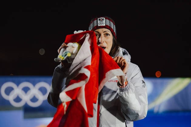 OLYMPICS - Winter Olympic Games, Olympische Spiele, Olympia, OS Milano Cortina 2026 CORTINA D AMPEZZO,ITALY,14.FEB.26 - OLYMPICS, SKELETON - Winter Olympic Games Milano Cortina 2026, women, medal ceremony. Image shows the rejoicing of Janine Flock (AUT). Keywords: medal  GEPAxpictures xAlexanderxSolc