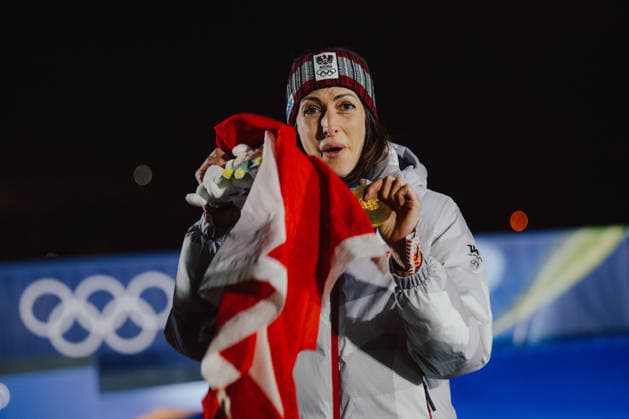 OLYMPICS - Winter Olympic Games, Olympische Spiele, Olympia, OS Milano Cortina 2026 CORTINA D AMPEZZO,ITALY,14.FEB.26 - OLYMPICS, SKELETON - Winter Olympic Games Milano Cortina 2026, women, medal ceremony. Image shows the rejoicing of Janine Flock (AUT). Keywords: medal  GEPAxpictures xAlexanderxSolc