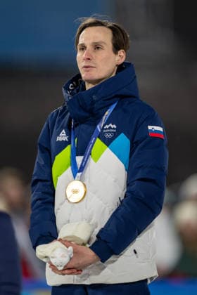 OLYMPICS - Winter Olympic Games, Olympische Spiele, Olympia, OS Milano Cortina 2026 PREDAZZO,ITALY,14.FEB.26 - OLYMPICS, Ski jumping, Skispringen, Ski, nordisch - Winter Olympic Games Milano Cortina 2026, large hill, men, medal ceremony. Image shows Domen Prevc (SLO) with his gold medal.  GEPAxpictures xOliverxLerch