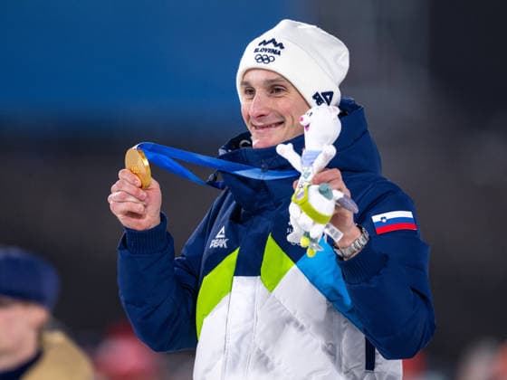 OLYMPICS - Winter Olympic Games, Olympische Spiele, Olympia, OS Milano Cortina 2026 PREDAZZO,ITALY,14.FEB.26 - OLYMPICS, Ski jumping, Skispringen, Ski, nordisch - Winter Olympic Games Milano Cortina 2026, large hill, men, medal ceremony. Image shows Domen Prevc (SLO) with his gold medal.  GEPAxpictures xOliverxLerch
