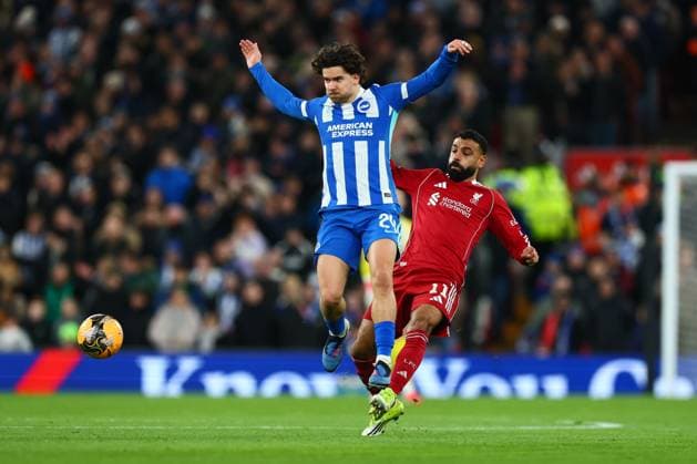 Ferdi Kadioglu of Brighton & Hove Albion and Mohamed Salah of Liverpool Liverpool v Brighton and Hove Albion, Emirates FA Cup, Fourth Round, Football, Anfield, Liverpool, UK - 14 Feb 2026Liverpool Anfield United Kingdom EDITORIAL USE ONLY No use with unauthorised audio, video, data, fixture lists, club league logos or live services. Online in-match use limited to 120 images, no video emulation. No use in betting, games or single club league player publications.  Copyright: xPaulxCurrie Shutterstockx 16608525t