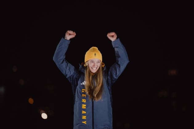 OLYMPICS - Winter Olympic Games, Olympische Spiele, Olympia, OS Milano Cortina 2026 CORTINA D AMPEZZO,ITALY,14.FEB.26 - OLYMPICS, SKELETON - Winter Olympic Games Milano Cortina 2026, women, medal ceremony. Image shows the rejoicing of Susanne Kreher (GER). Keywords: medal  GEPAxpictures xAlexanderxSolc