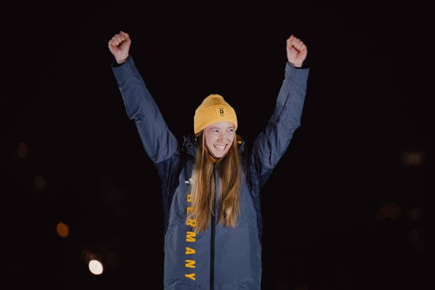 OLYMPICS - Winter Olympic Games, Olympische Spiele, Olympia, OS Milano Cortina 2026 CORTINA D AMPEZZO,ITALY,14.FEB.26 - OLYMPICS, SKELETON - Winter Olympic Games Milano Cortina 2026, women, medal ceremony. Image shows the rejoicing of Susanne Kreher (GER). Keywords: medal  GEPAxpictures xAlexanderxSolc