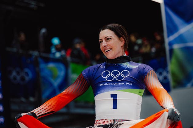 OLYMPICS - Winter Olympic Games, Olympische Spiele, Olympia, OS Milano Cortina 2026 CORTINA D AMPEZZO,ITALY,14.FEB.26 - OLYMPICS, SKELETON - Winter Olympic Games Milano Cortina 2026, women, medal ceremony. Image shows the rejoicing of Janine Flock (AUT). Keywords: medal  GEPAxpictures xAlexanderxSolc
