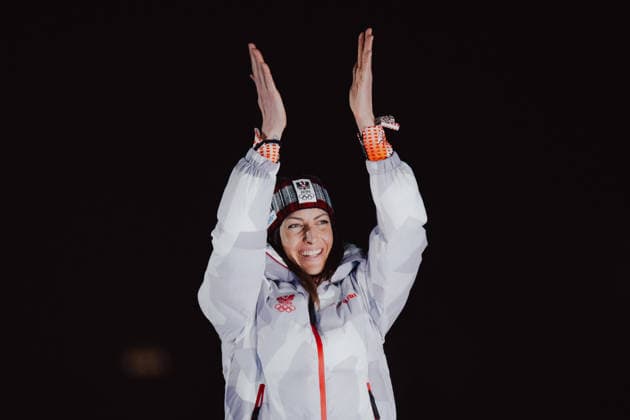 OLYMPICS - Winter Olympic Games, Olympische Spiele, Olympia, OS Milano Cortina 2026 CORTINA D AMPEZZO,ITALY,14.FEB.26 - OLYMPICS, SKELETON - Winter Olympic Games Milano Cortina 2026, women, medal ceremony. Image shows the rejoicing of Janine Flock (AUT). Keywords: medal  GEPAxpictures xAlexanderxSolc