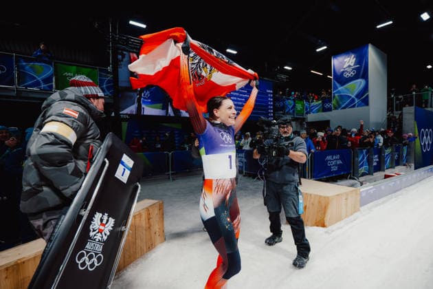 OLYMPICS - Winter Olympic Games, Olympische Spiele, Olympia, OS Milano Cortina 2026 CORTINA D AMPEZZO,ITALY,14.FEB.26 - OLYMPICS, SKELETON - Winter Olympic Games Milano Cortina 2026, women, medal ceremony. Image shows the rejoicing of Janine Flock (AUT). Keywords: medal  GEPAxpictures xAlexanderxSolc