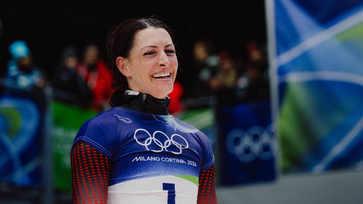 OLYMPICS - Winter Olympic Games, Olympische Spiele, Olympia, OS Milano Cortina 2026 CORTINA D AMPEZZO,ITALY,14.FEB.26 - OLYMPICS, SKELETON - Winter Olympic Games Milano Cortina 2026, women, medal ceremony. Image shows the rejoicing of Janine Flock (AUT). Keywords: medal  GEPAxpictures xAlexanderxSolc