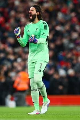 Alisson Becker of Liverpool celebrates the 1st goal scored by Curtis Jones Liverpool v Brighton and Hove Albion, Emirates FA Cup, Fourth Round, Football, Anfield, Liverpool, UK - 14 Feb 2026Liverpool Anfield United Kingdom EDITORIAL USE ONLY No use with unauthorised audio, video, data, fixture lists, club league logos or live services. Online in-match use limited to 120 images, no video emulation. No use in betting, games or single club league player publications.  Copyright: xPaulxCurrie Shutterstockx 16608525af