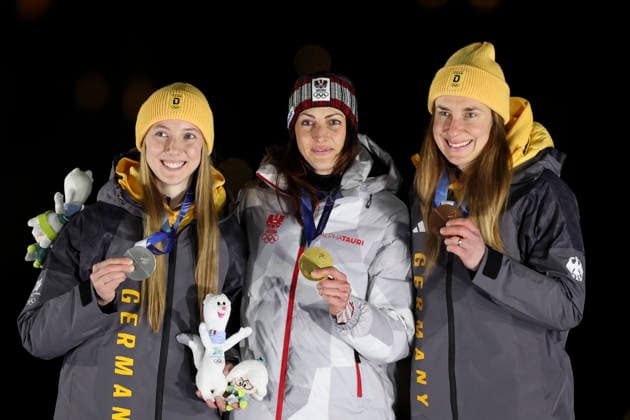 OLYMPICS - Winter Olympic Games, Olympische Spiele, Olympia, OS Milano Cortina 2026 CORTINA D AMPEZZO,ITALY,14.FEB.26 - OLYMPICS, SKELETON - Winter Olympic Games Milano Cortina 2026, women, medal ceremony. Image shows Susanne Kreher (GER), Janine Flock (AUT) and Jacqueline Pfeifer (GER).  GEPAxpictures xMaticxKlansek