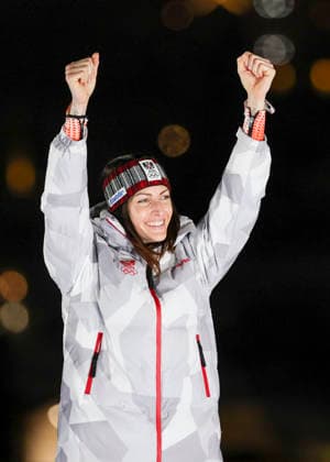 OLYMPICS - Winter Olympic Games, Olympische Spiele, Olympia, OS Milano Cortina 2026 CORTINA D AMPEZZO,ITALY,14.FEB.26 - OLYMPICS, SKELETON - Winter Olympic Games Milano Cortina 2026, women, medal ceremony. Image shows the rejoicing of Janine Flock (AUT).  GEPAxpictures xMaticxKlansek