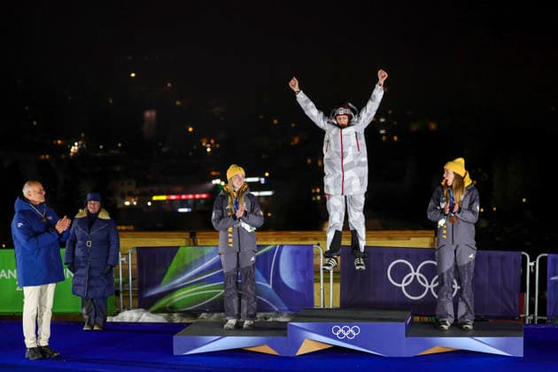 OLYMPICS - Winter Olympic Games, Olympische Spiele, Olympia, OS Milano Cortina 2026 CORTINA D AMPEZZO,ITALY,14.FEB.26 - OLYMPICS, SKELETON - Winter Olympic Games Milano Cortina 2026, women, medal ceremony. Image shows the rejoicing of Susanne Kreher (GER), Janine Flock (AUT) and Jacqueline Pfeifer (GER).  GEPAxpictures xMaticxKlansek