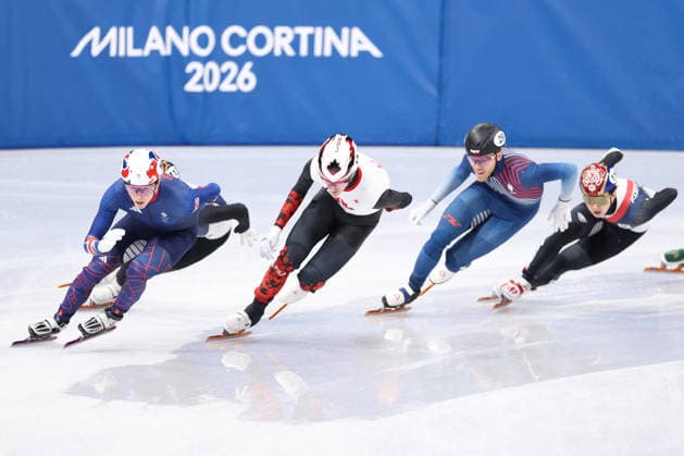 Winter Olympics - Quentin Fercoq At Short Track Speed skating, Eisschnelllauf Men’s 1500M TREACY Niall of Team Great Britain, ROUSSEL Felix of Team Canada and Quentin Fercoq of Team France compete in the short track speed skating men s 1500m quarter-final during the Milano Cortina 2026 Winter Olympic Games, Olympische Spiele, Olympia, OS at Milano Ice Skating Arena in Milan, Italy on February 14, 2026. Photo by Alexis Jumeau ABACAPRESS.COM Milan Italy  Copyright: xJumeauxAlexis ABACAx