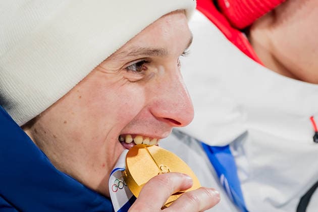 OLYMPICS - Winter Olympic Games, Olympische Spiele, Olympia, OS Milano Cortina 2026 PREDAZZO,ITALY,14.FEB.26 - OLYMPICS, Ski jumping, Skispringen, Ski, nordisch - Winter Olympic Games Milano Cortina 2026, large hill, men, medal ceremony. Image shows Domen Prevc (SLO).  GEPAxpictures xMatthiasxTrinkl