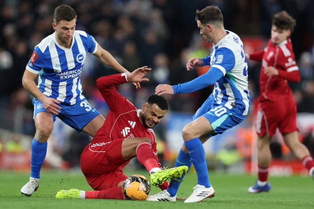 Liverpool gegen Brighton 14. Februar 2026, Liverpool Emirates FA Cup, Vierte Runde Liverpool gegen Brighton Hove Albion Joel Veltman von Brighton Hove Albion, Cody Gakpo von Liverpool und Pascal Gross von Brighton Hove Albion Foto Charlotte Wilson Offside Liverpool UK  Copyright: xCharlottexWilsonx xOffsidexOffside