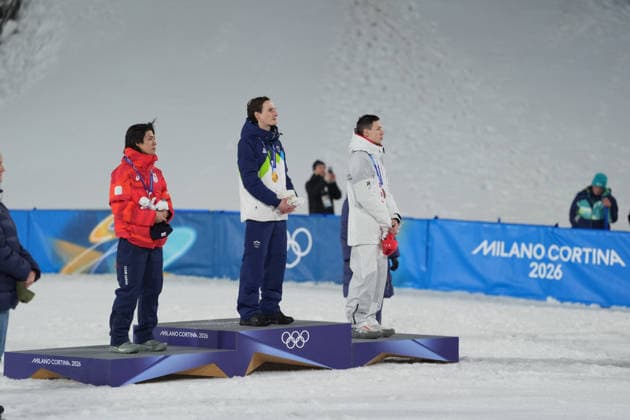 Milano Cortina 2026 Olympic Winter games, Winterspiele,Spiele, Summer games MILAN, ITALY - FEBRUARY 14: Slovenian athlete Domen Prevc (C) wins gold medal, Japanese athlete Ren Nikaido (L) wins silver medal and Polish athlete Kacper Tomasiak (R) wins bronze medal in the men’s large hill Ski jumping, Skispringen, Ski, nordisch event during the Milano-Cortina 2026 Winter Olympic Games, Olympische Spiele, Olympia, OS in Milan, Italy, on February 14, 2026. Cemal Yurttas Anadolu Milan Italy. Editorial use only. Please get in touch for any other usage.  Copyright: x2026xAnadoluxCemalxYurttasx